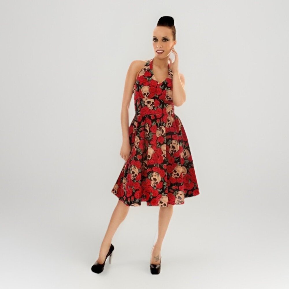 Origin Of Life Skull Halter Dress By Folter Retro Pin-up Swing Dress Size Medium